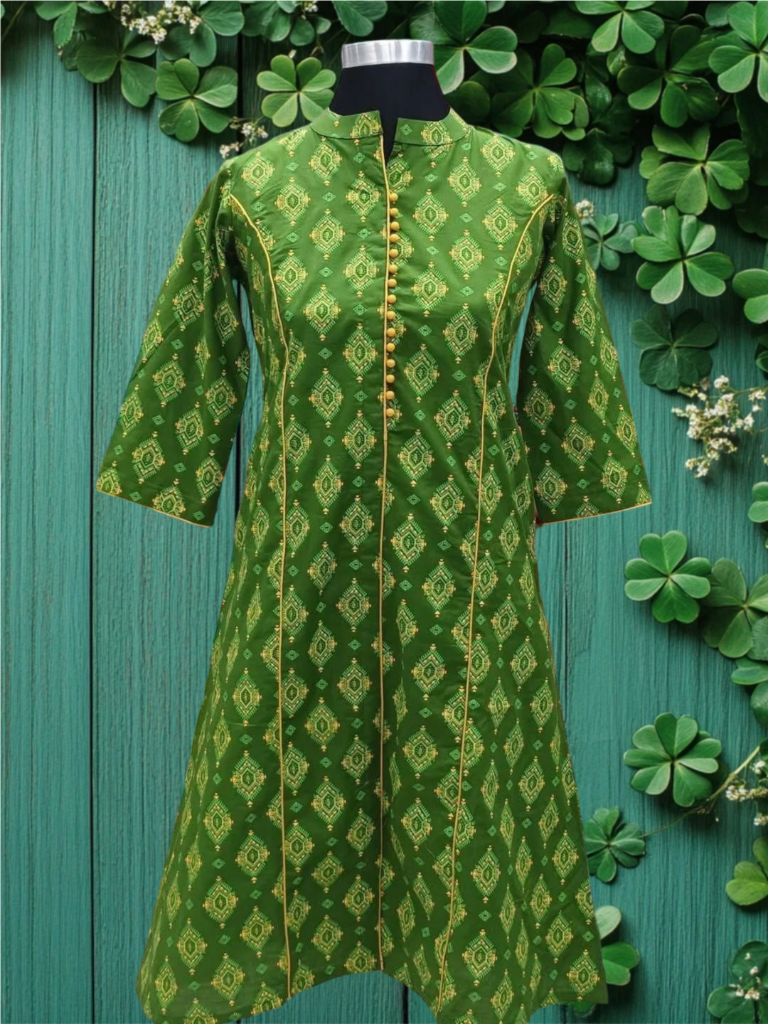 Stylish Green Printed Cotton Kurti with Golden Detailing