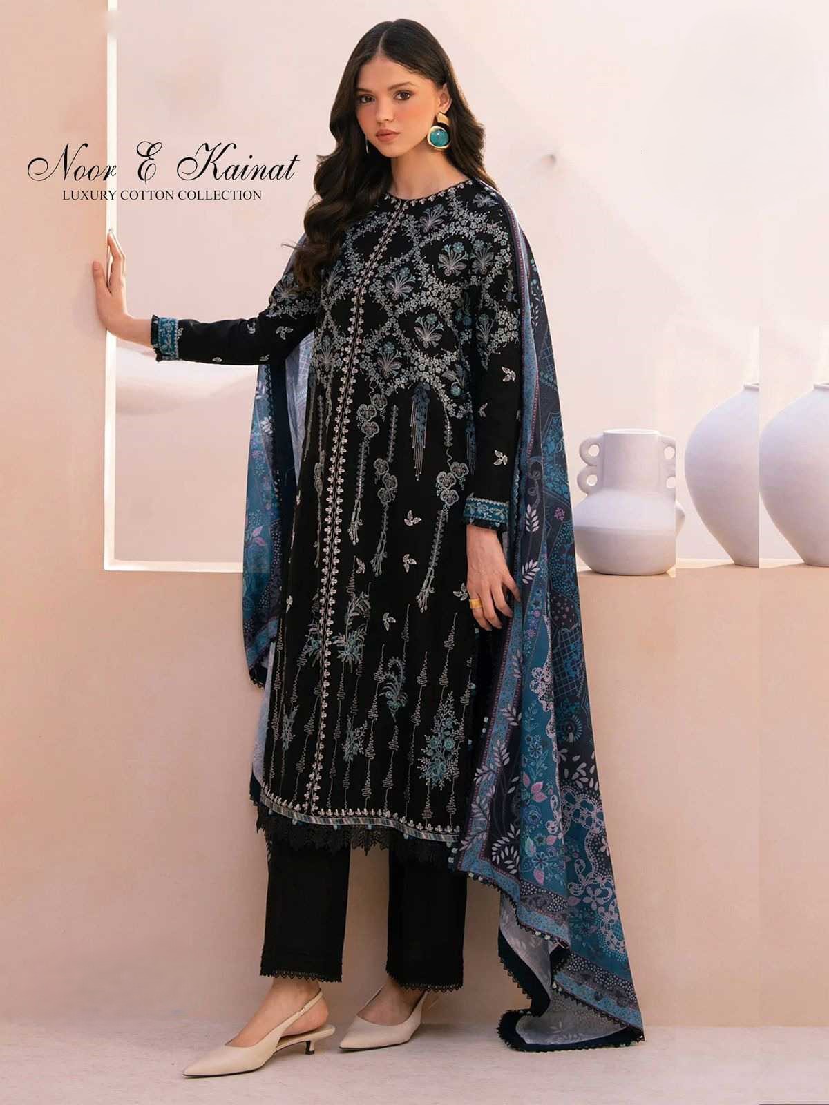 WOMEN'S PURE COTTON HEAVY GPO LACE KURTA PANT DUPATTA SET - BLACK BLUE