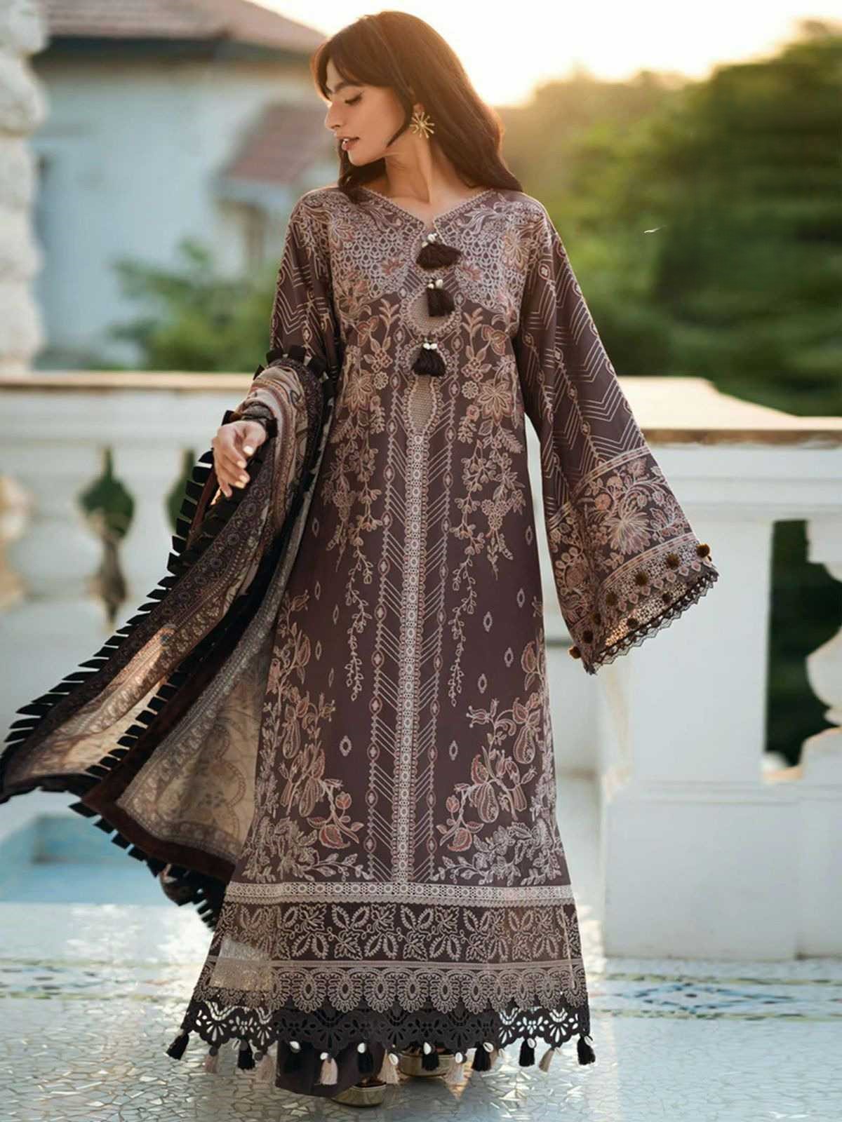 WOMEN'S PURE COTTON HEAVY GPO LACE KURTA PANT DUPATTA SET - COFFEE BROWN